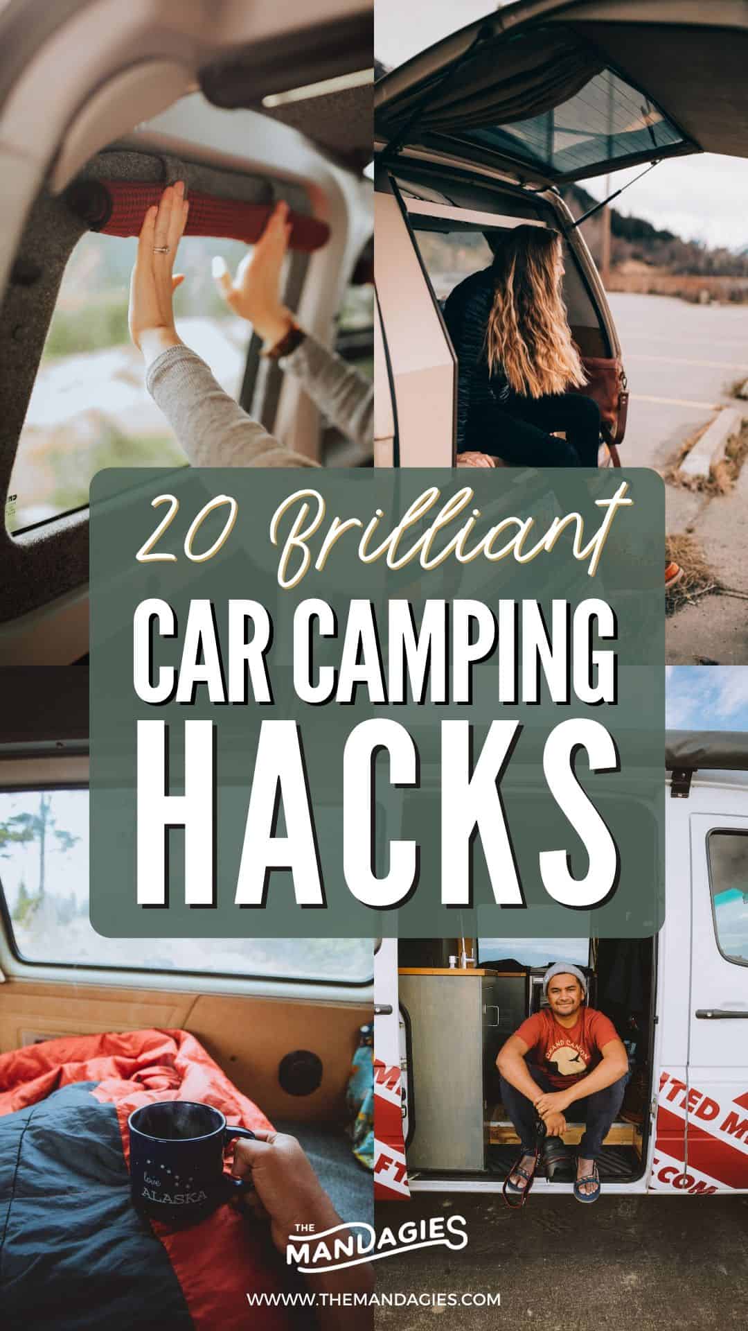 Looking for ways to make car camping more comfortable and fun? We've got you covered! We're sharing 20 brilliant car camping hacks, including everything from making DIY curtains, how to shower on the road, and essentials you should have in the car. Save this post for your next epic car camping adventure! #carcamping #camping #roadtrip #vanlife