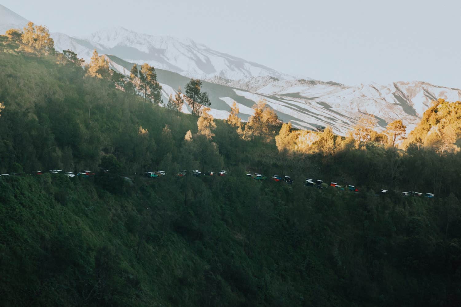 Jeeps lined up on the road at Mount Bromo