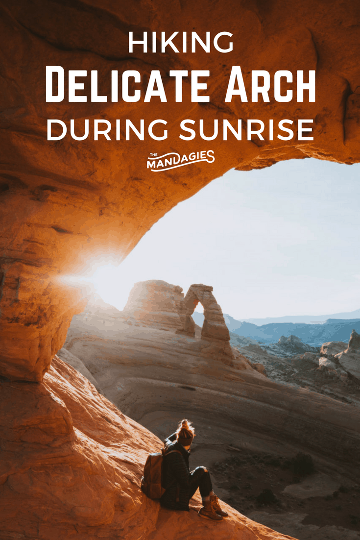 Beat the crowds and see this world-famous arch during sunrise! The Delicate Arch hike is a 2.9 mile out and back trail that takes you up close and personal to an iconic Utah monument and leaves a lasting impression of adventure and curiosity. #Utah #Moab #DelicateArch #ArchesNPS #desert