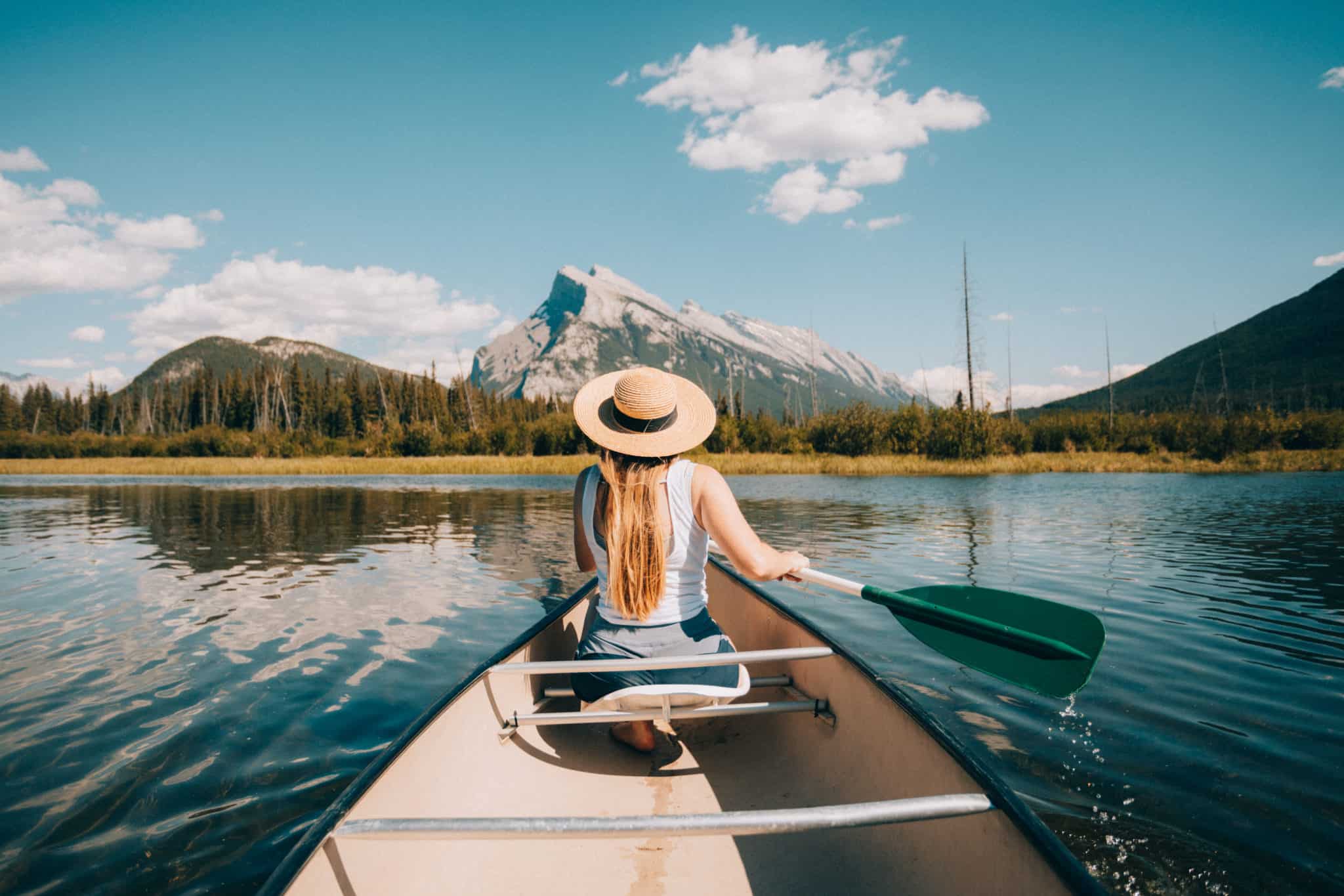 Emily Mandagie in canoe at Vermillion Lakes, Banff National Park, Alberta Canada