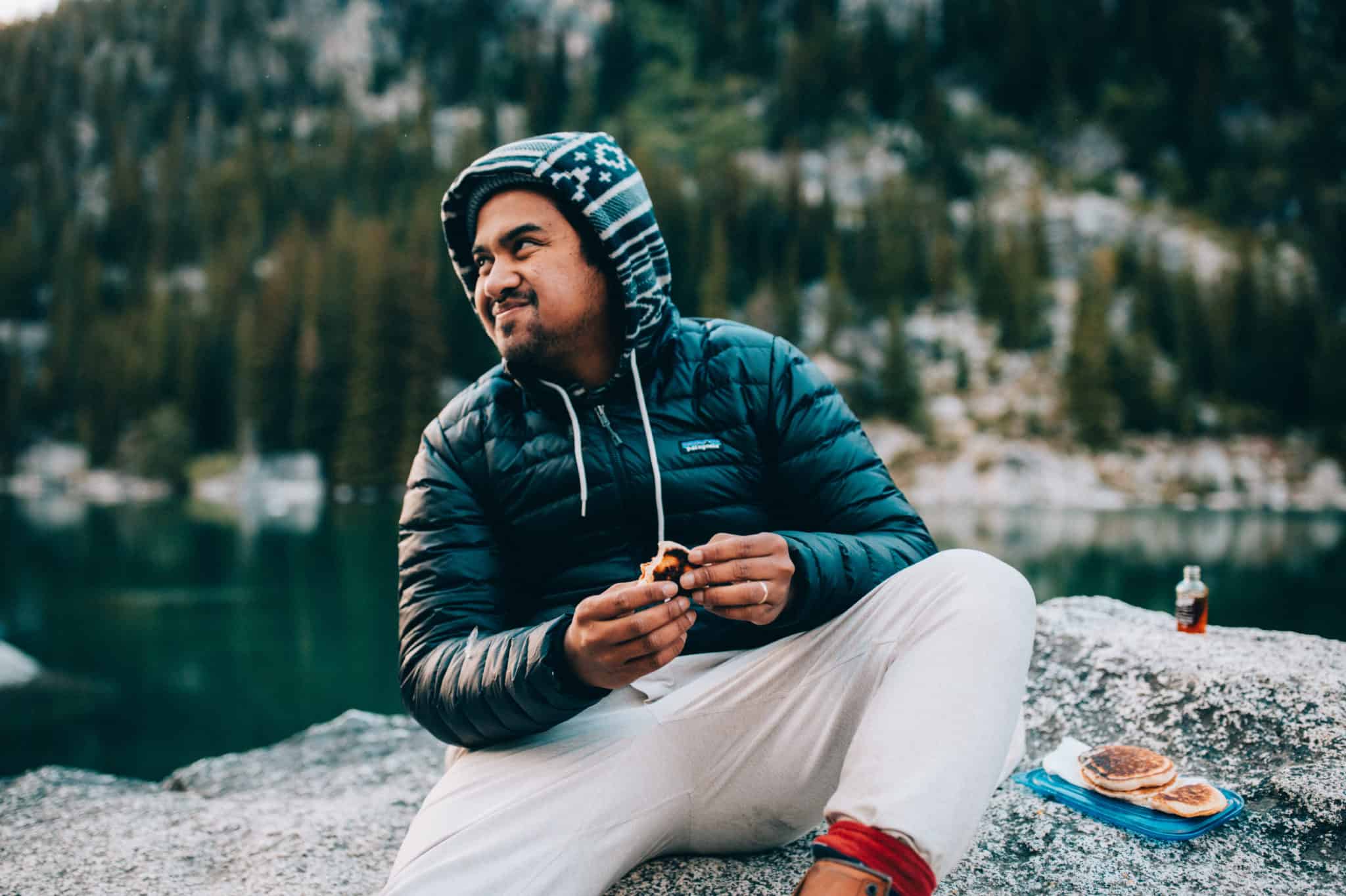 Berty eating pancakes at Colchuck Lake