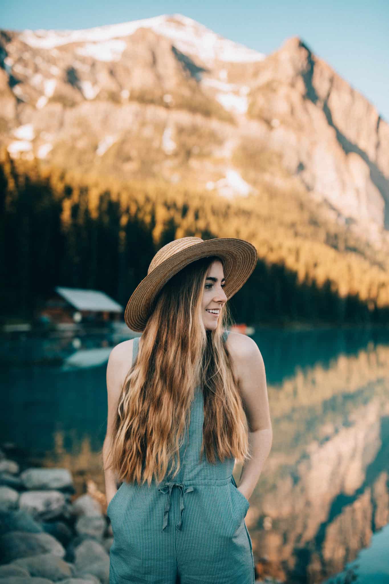 Emily Mandagie at Lake Louse wearing Bridge & Burn Jumper