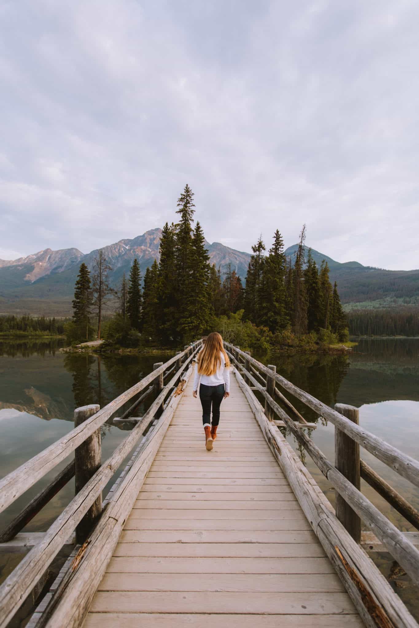 Emily Mandagie walking to Pyramid Island, Jasper National Park