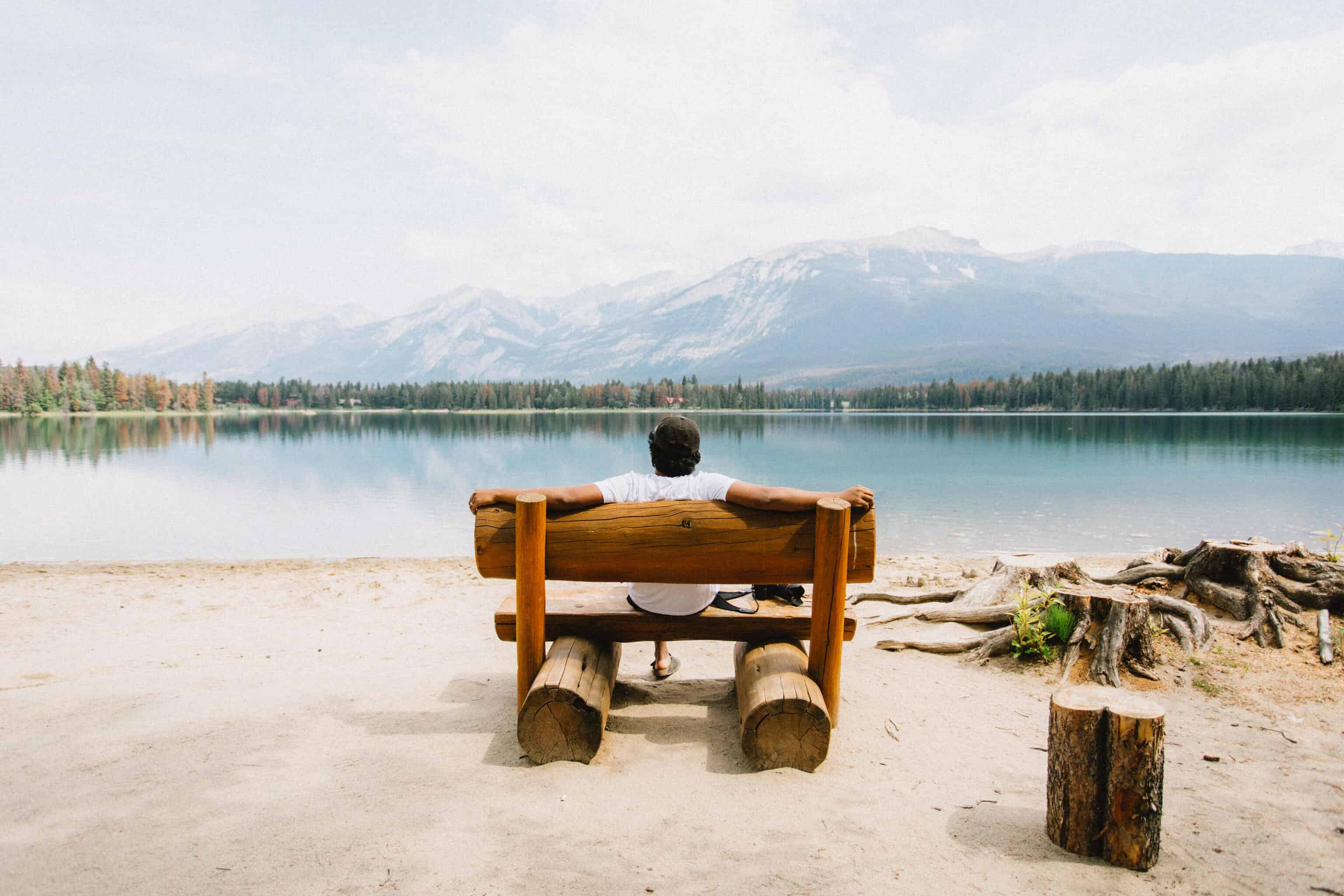 Berty sitting at Lake Edith, Jasper National Park