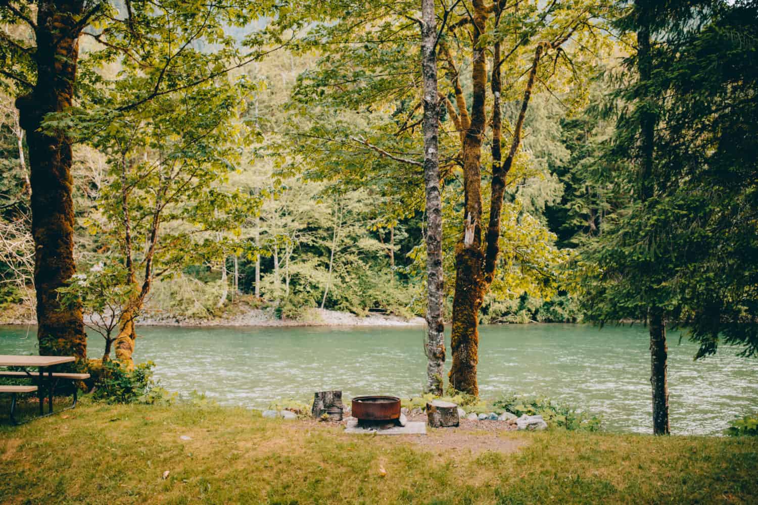 South Fork Cabin Exterior - Outdoor fire pit by the river