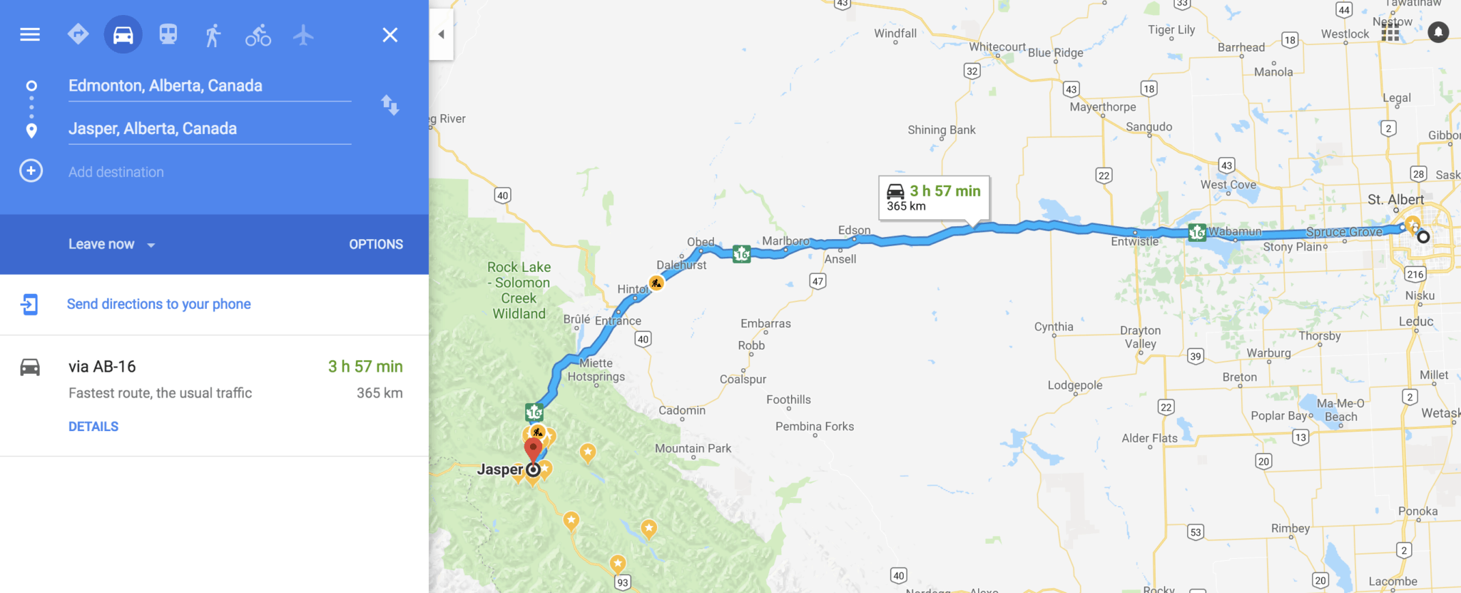 Map of directions from Edmonton to Jasper National Park