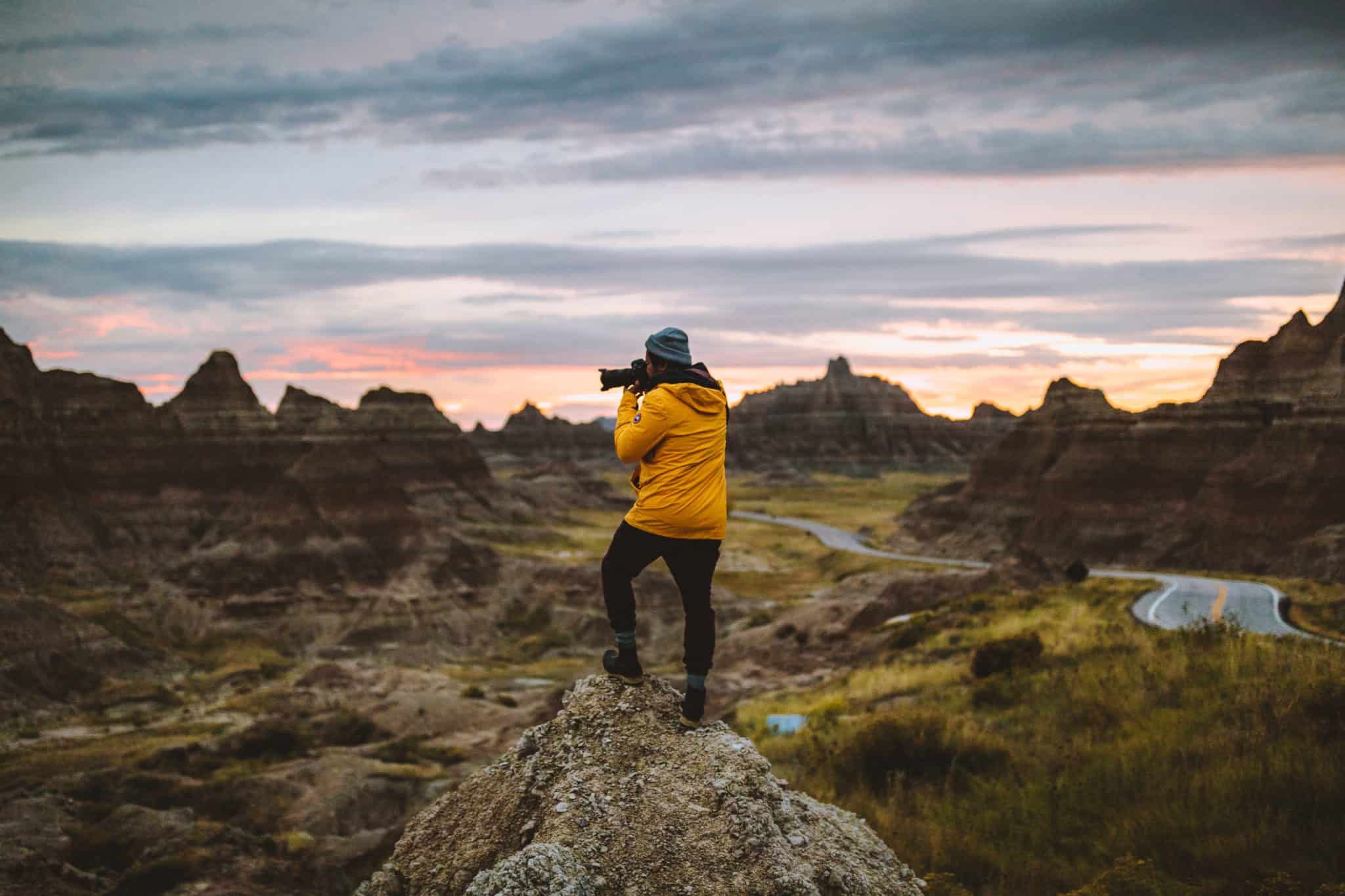 Berty in the Badlands, South Dakota during sunset