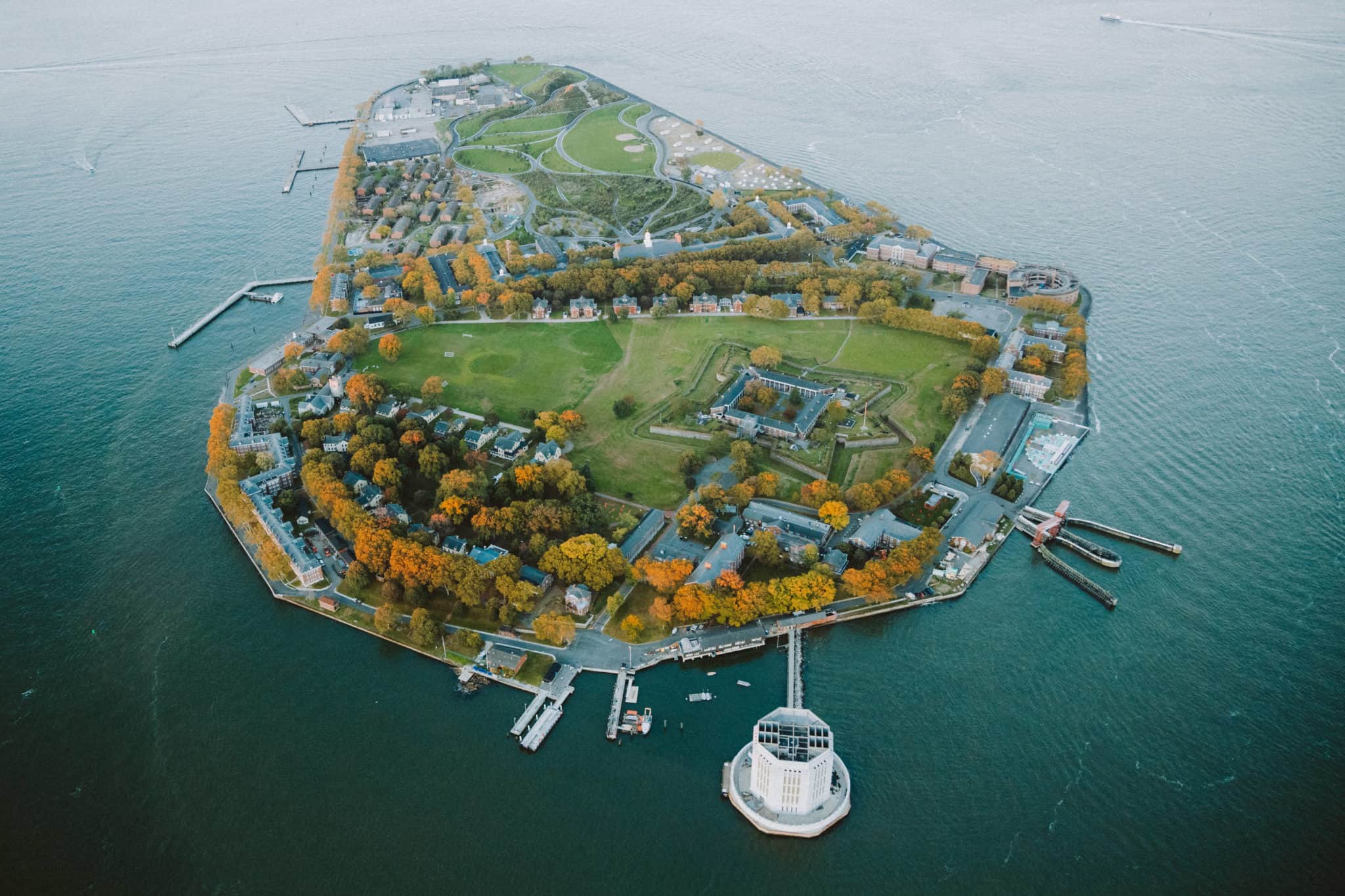 Governor's Island from doors off helicopter flight in NYC