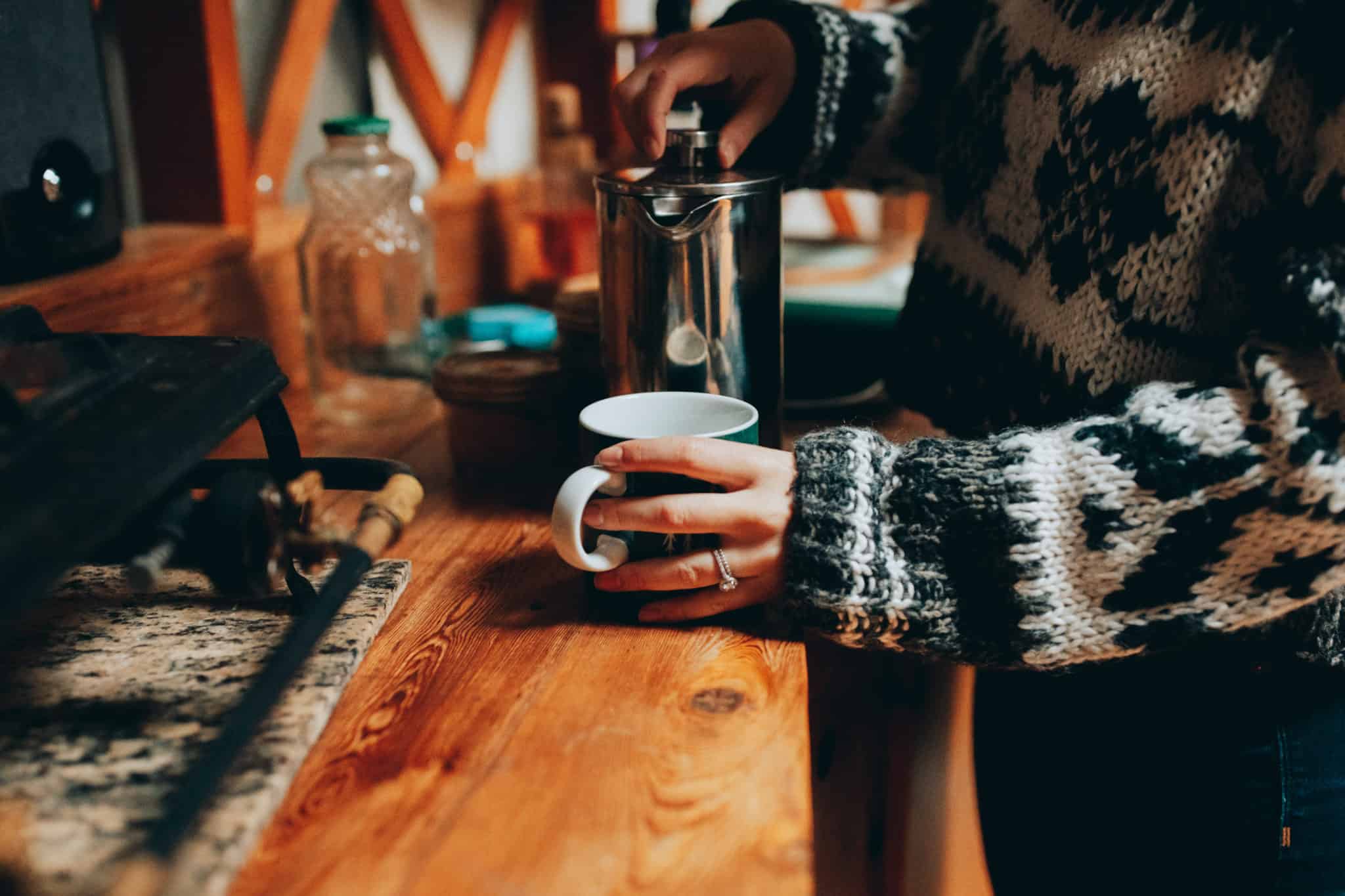 Emily Mandagie glamping in a yurt with coffee maker