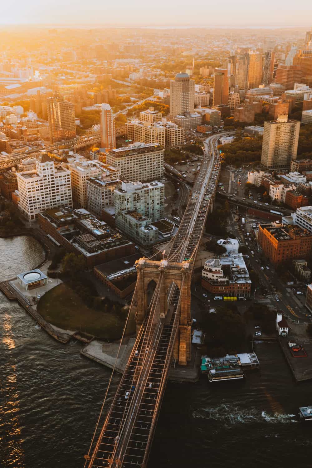 Aerial photography of Brooklyn Bridge in NYC sunrise