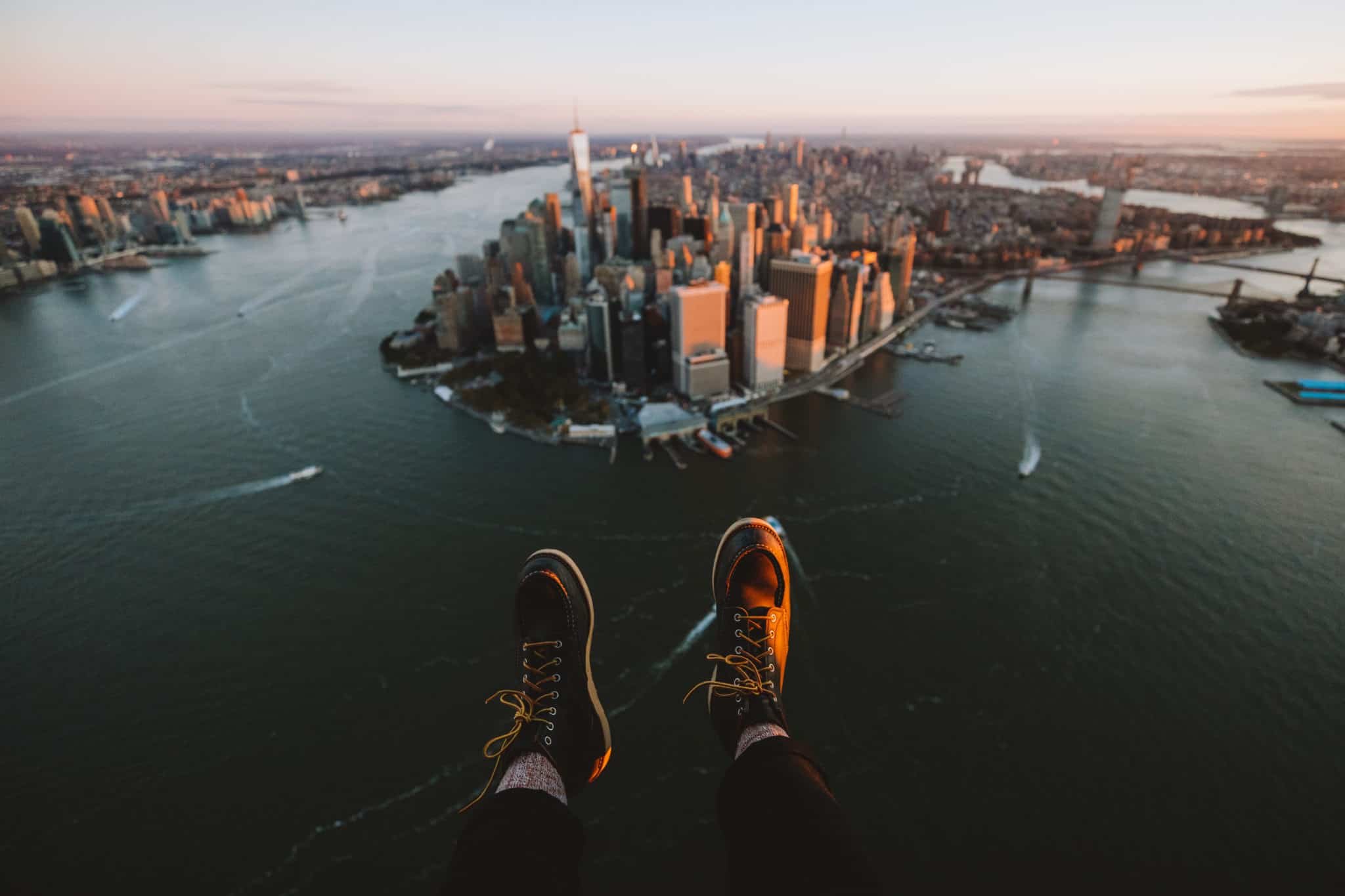 Berty Mandagie Red Wing Heritage Boots over Lower Manhattan NYC