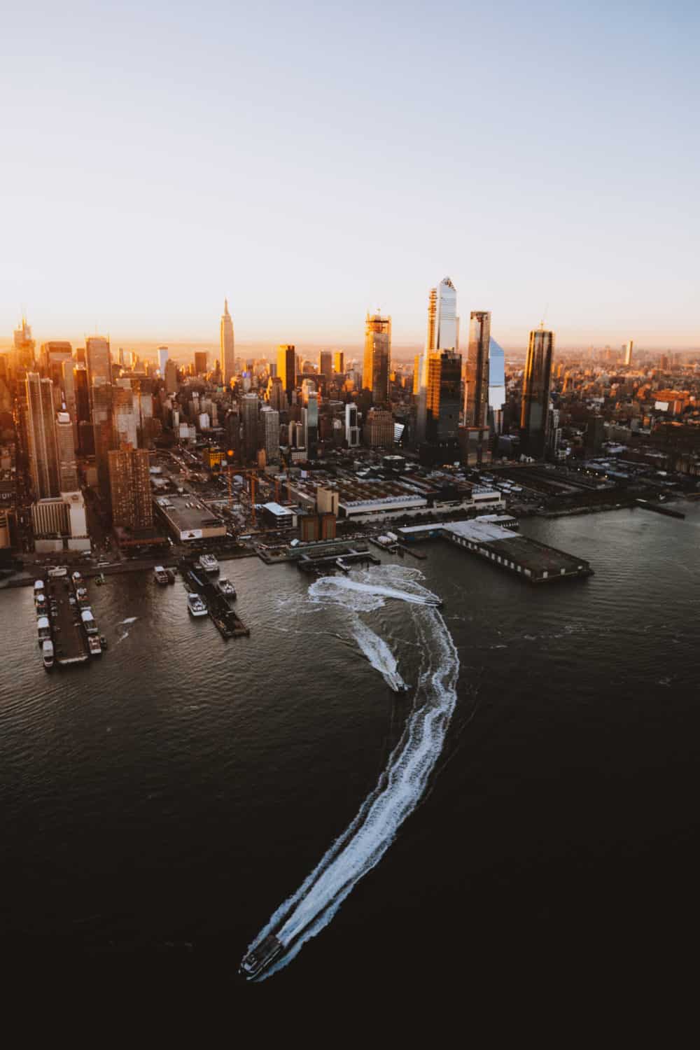 Aerial photography of sunrise Hudson River and Manhattan Skyline