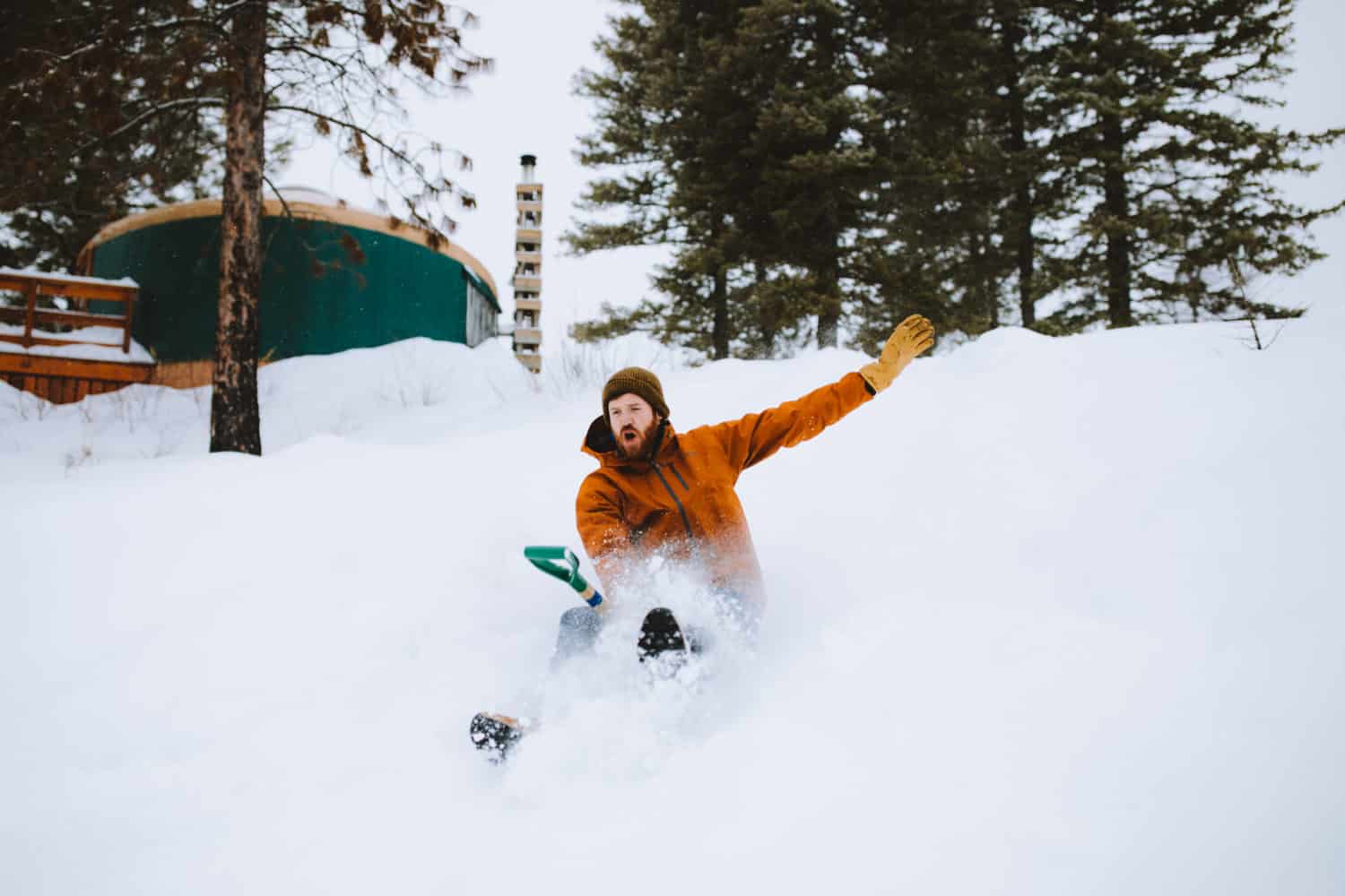 sledding while winter yurt camping