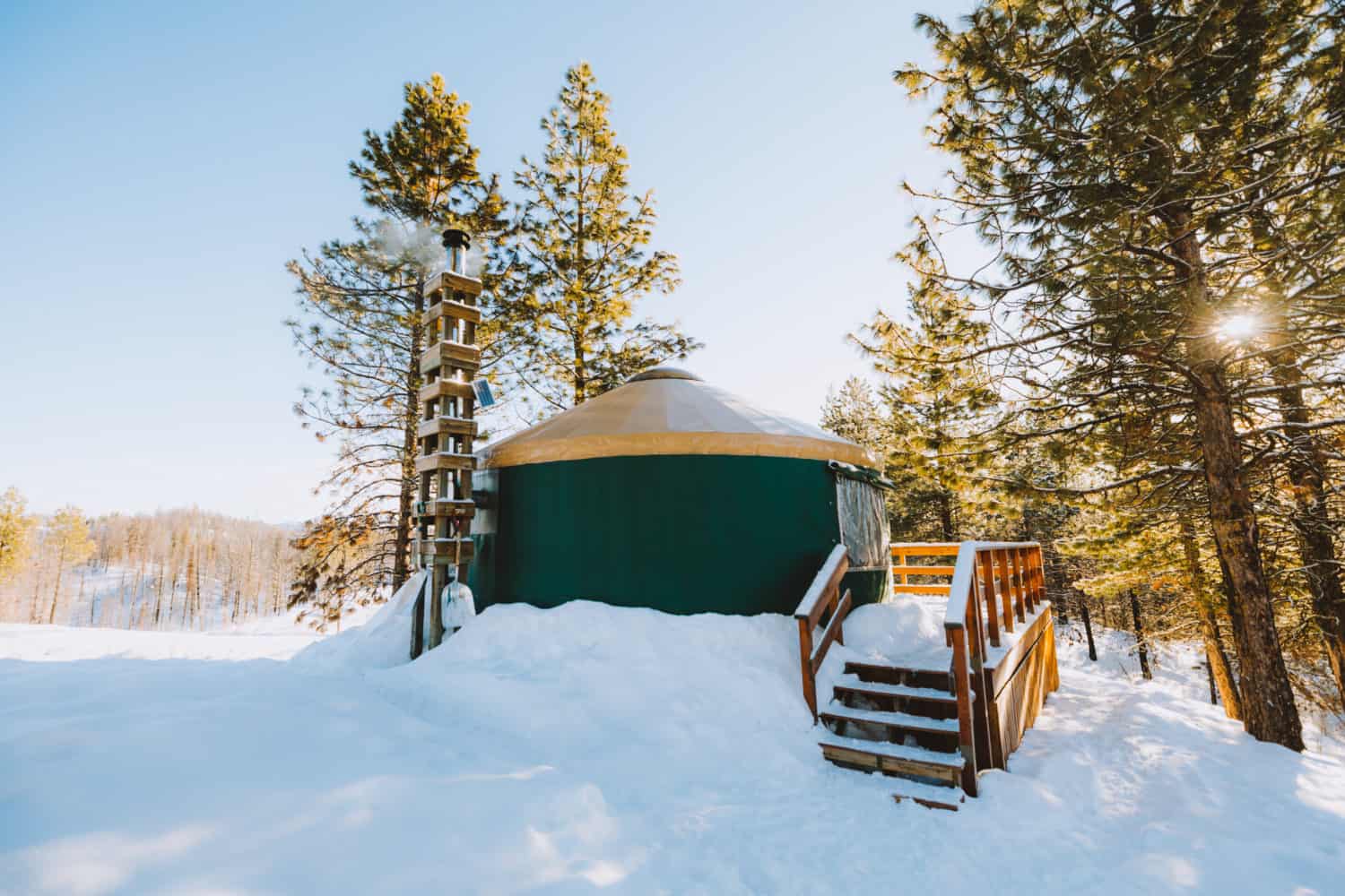 exterior view of Skyline yurt with shovels