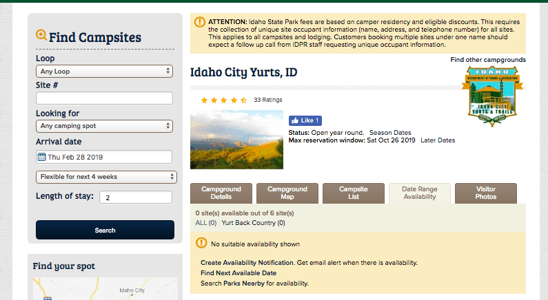 Idaho City Yurts Reservation System Screenshot