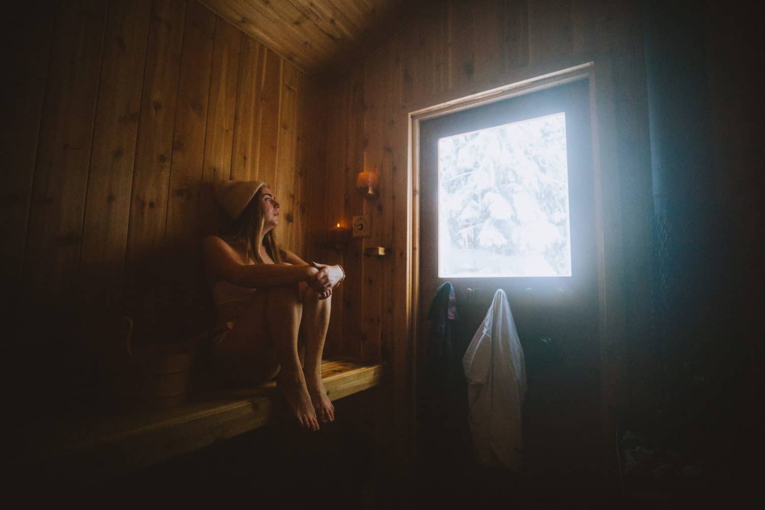 Emily in Sauna at Crystal Peak Lookout Idaho