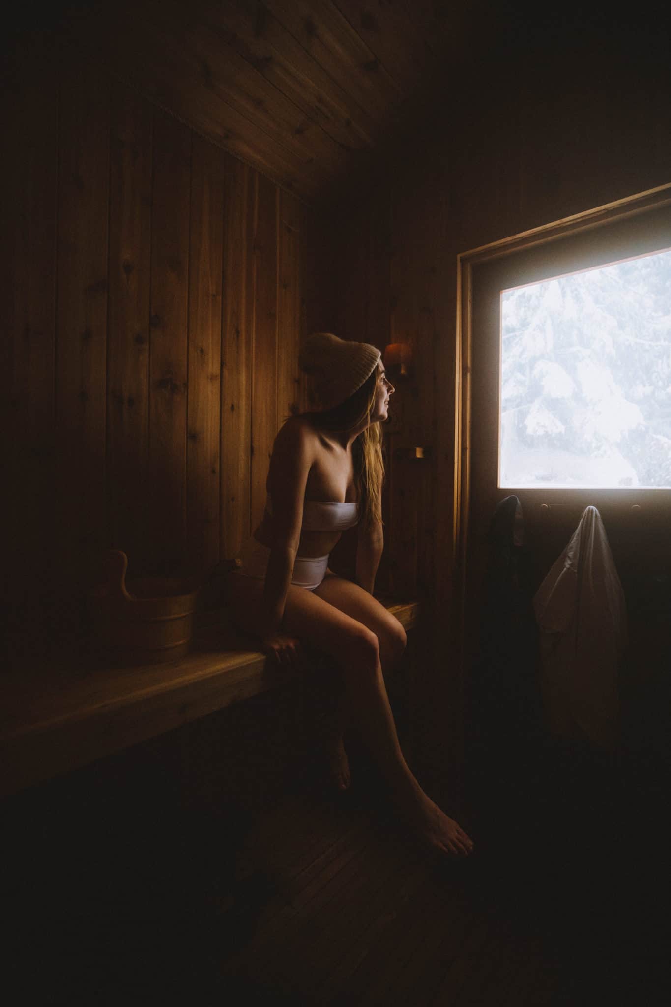 Emily in Sauna at Crystal Peak Lookout Idaho