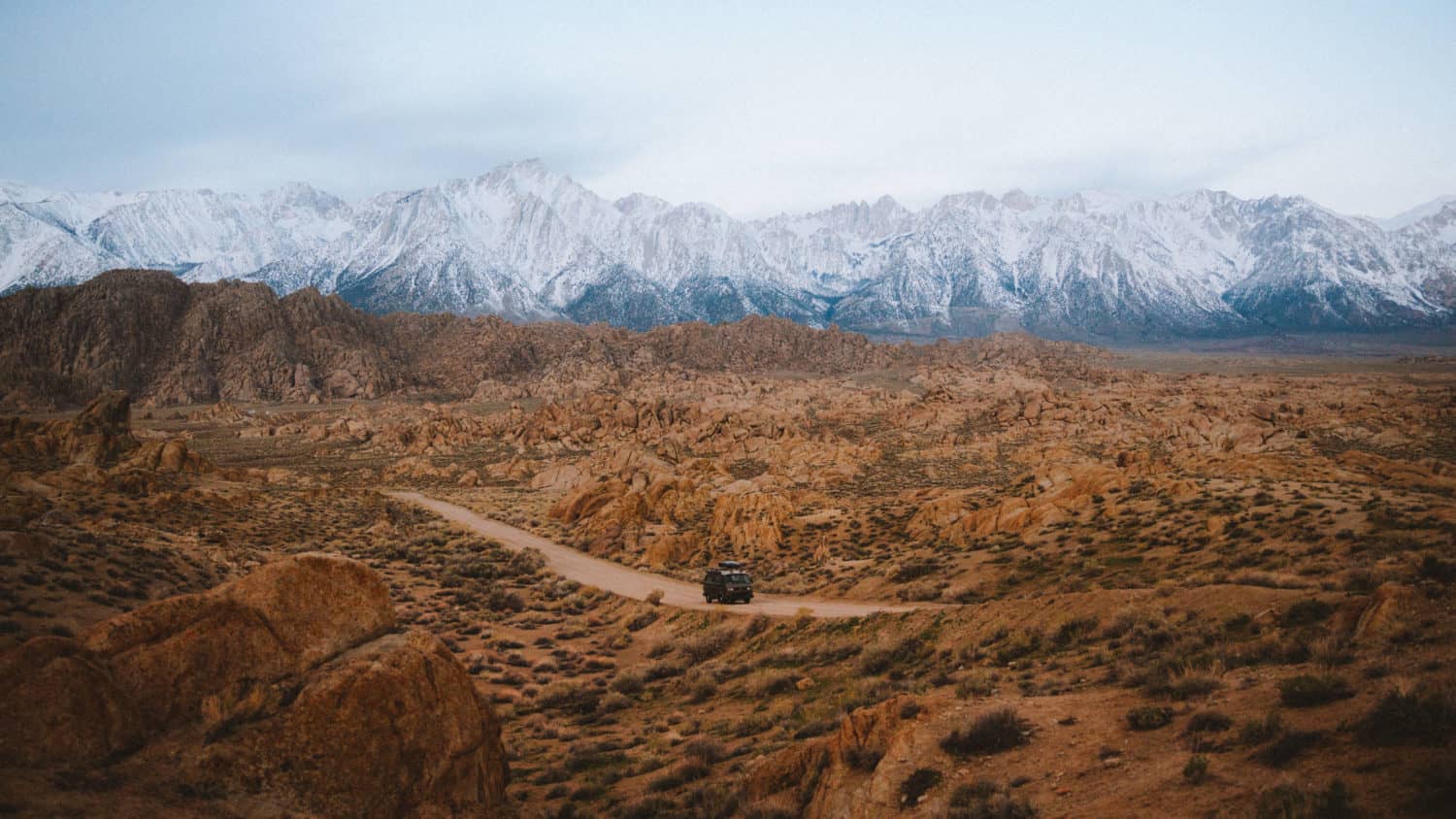 VW bus driving on Alabama Hills Movie Road