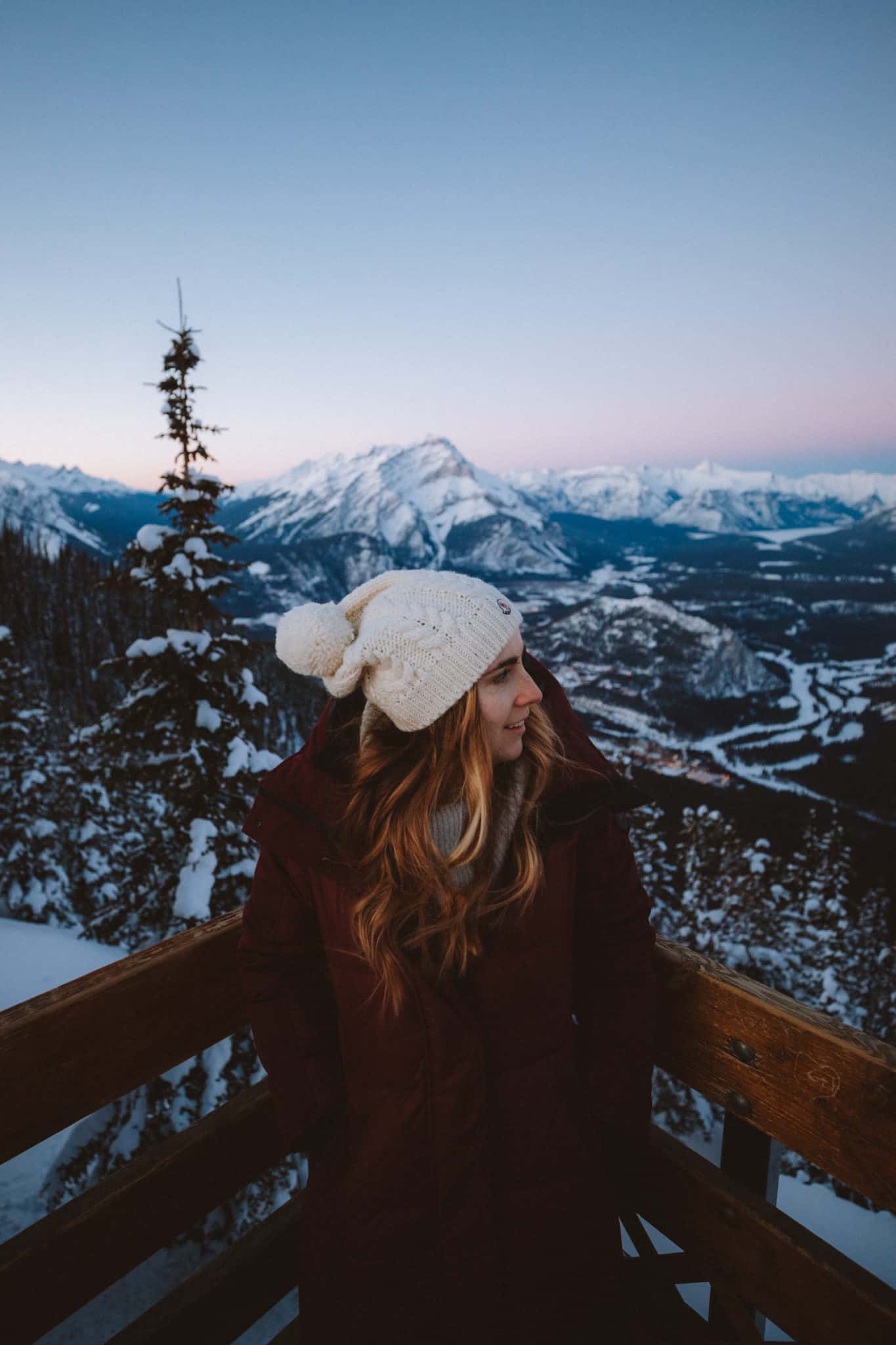 Emily at Sulphur Mountain during blue hour -TheMandagies.om