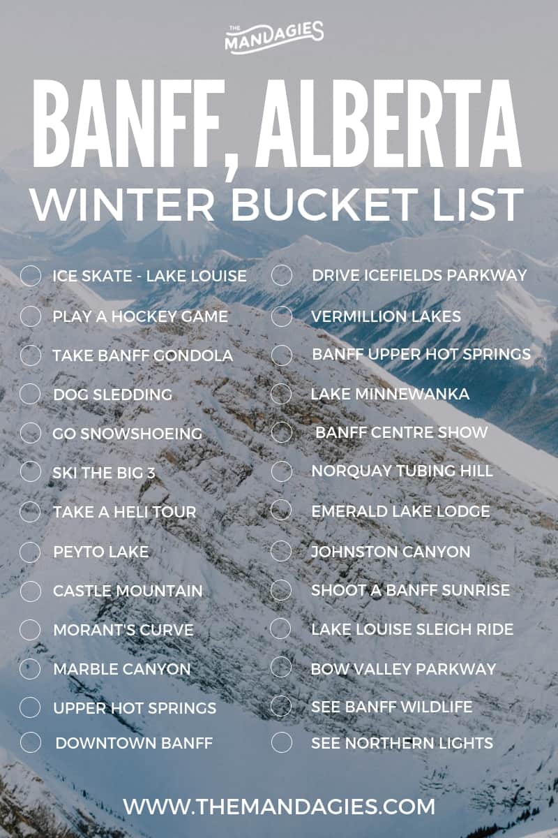 Wondering what to do in Banff in winter? We're sharing the ultimate winter Banff bucket list, including dog sledding, northern lights, ice skating on Lake Louise and more! Save this for your next Banff winter vacation! #banff #banffnationalpark #lakelouise #alberta #canada #rockies #winter #dogsledding #skiing #mountrundle #johnstoncanyon #travel