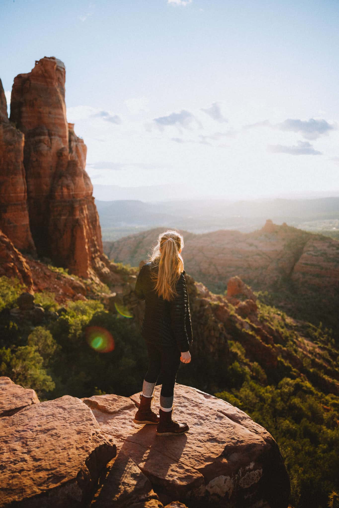 Emily standing at Cathedral Rock during sunset
