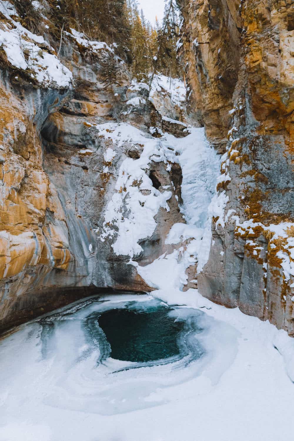 Johnston Canyon Ice Walk - view of Lower Falls pool