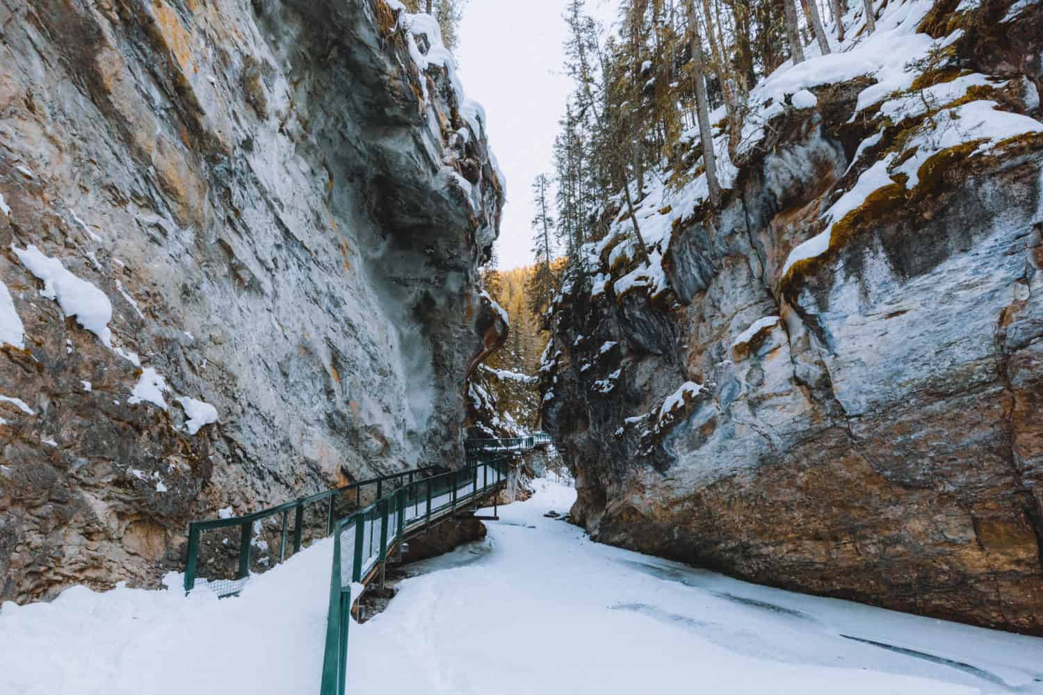 Johnston Canyon Ice Walk - view of frozen metal atwalk