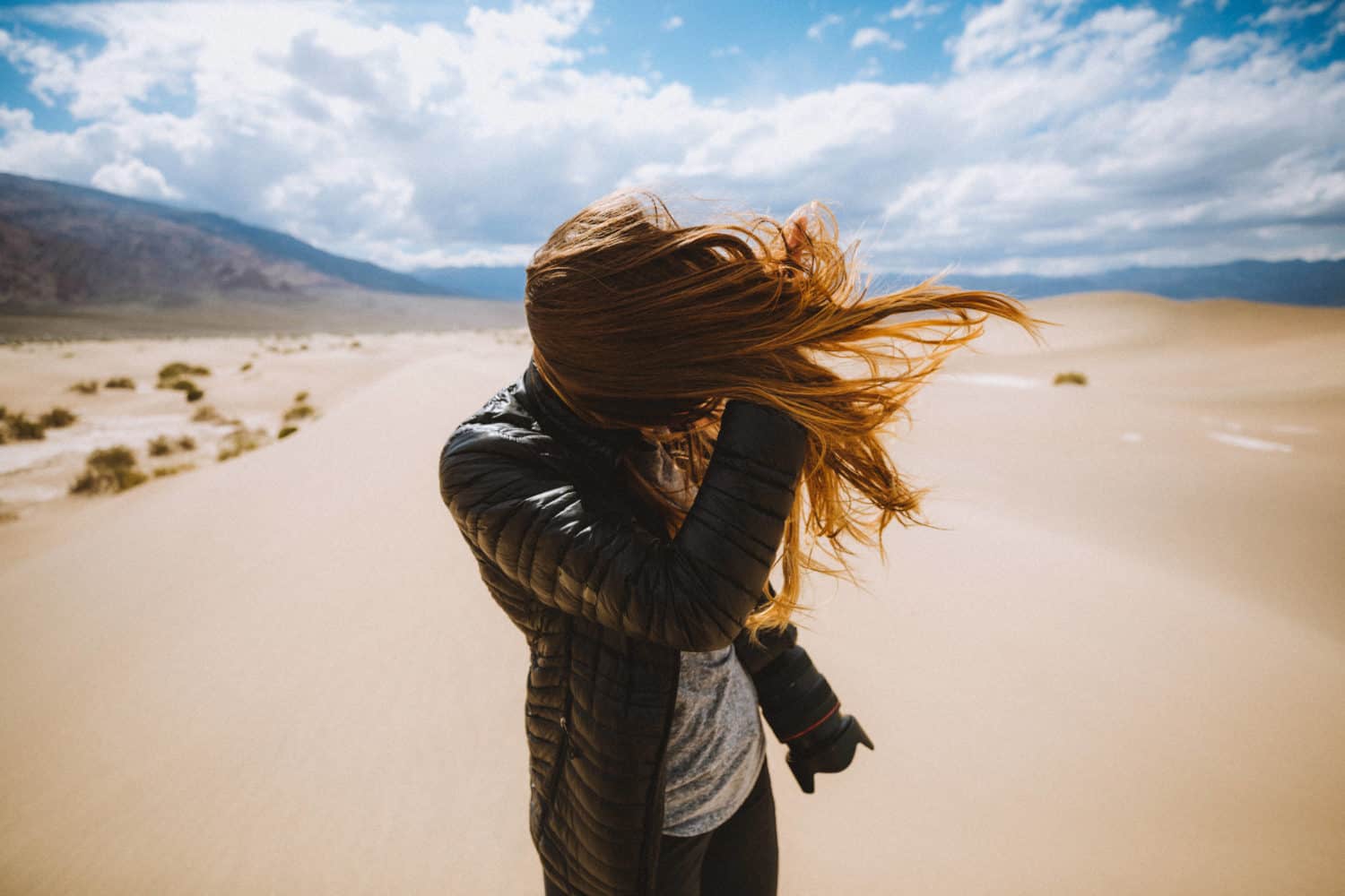 Emily Mandagie hair in wind at Death Valley