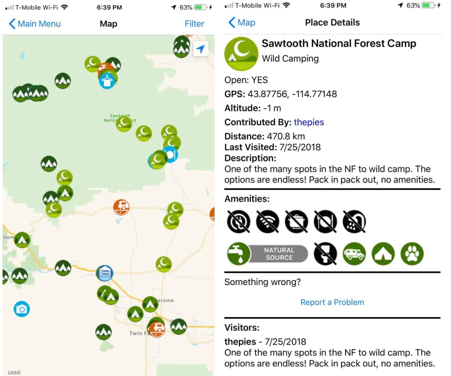 screenshot view of free camping app, iOverlander
