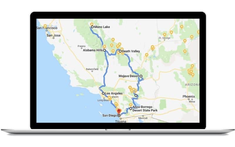 Map of Southern California Road Trip USA