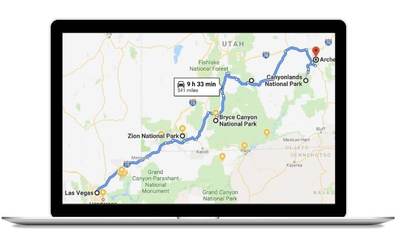 Map of Utah National Parks Road Trip