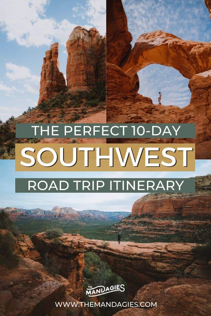 Looking for a southwest road trip that covers all the best stops? We're sharing several Southwest road trip routes in this post, from the Utah National Parks. southern California, Sedona, and everywhere in between! Save this post for future inspiration for your next epic trip to the American southwest! #utah #arizona #california #deathvalley #sedona #joshuatree #grandcanyon #zion #brycecanyon #arches #canyonlands #desert #americansouthwest #roadtrip