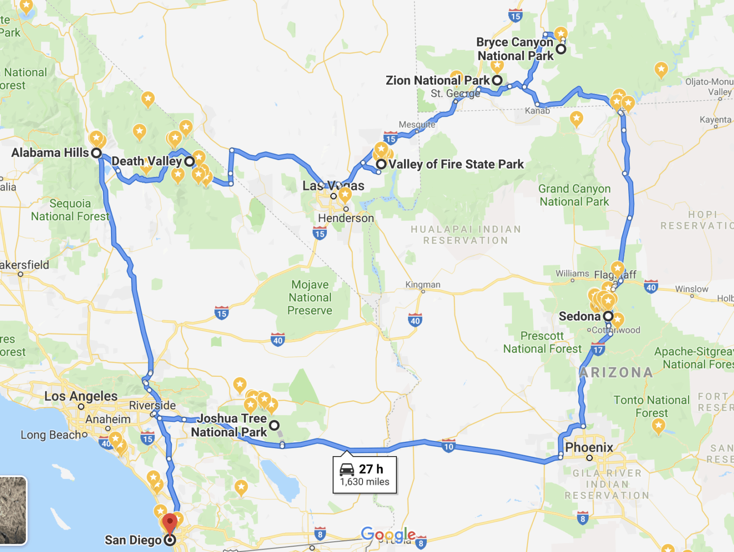 Southwest US road trip map