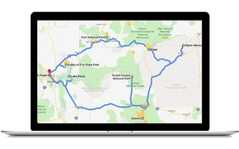 Grand Canyon / Desert Loop Road Trip Route Map - Southwest USA Road Trip