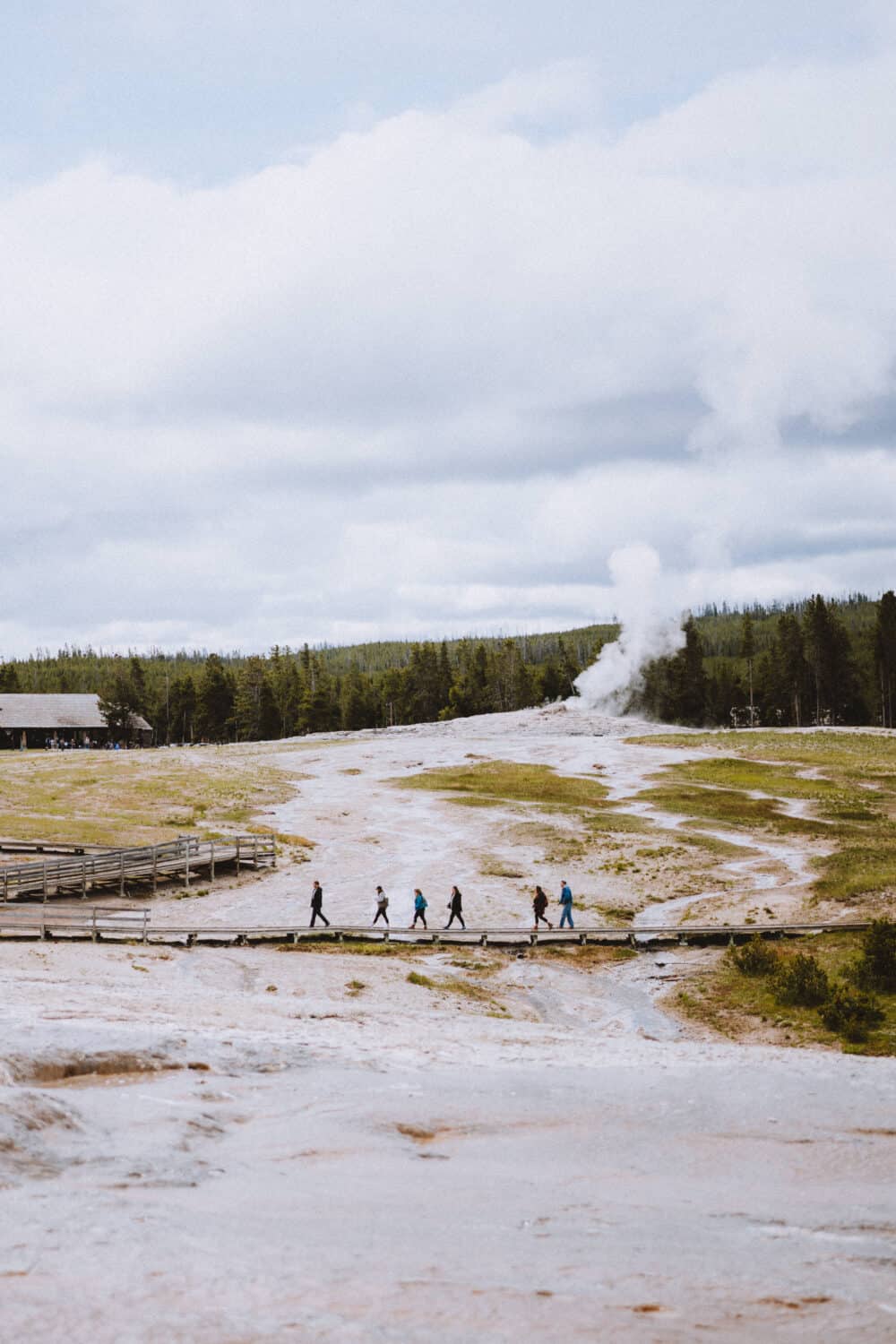 People walking on boardwalk in Upper Basin Yellowstone