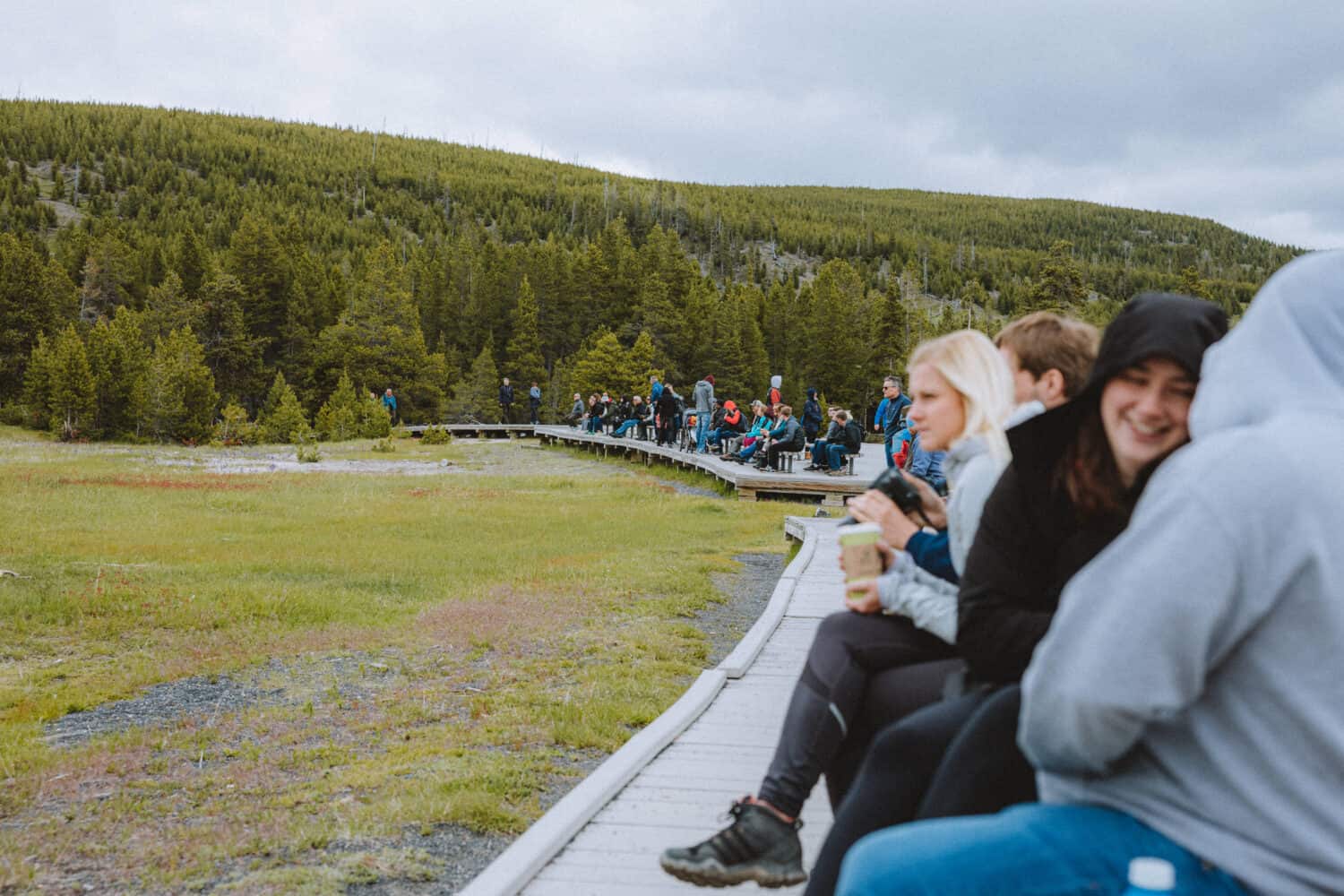 People waiting to watch Old Faithful erupt