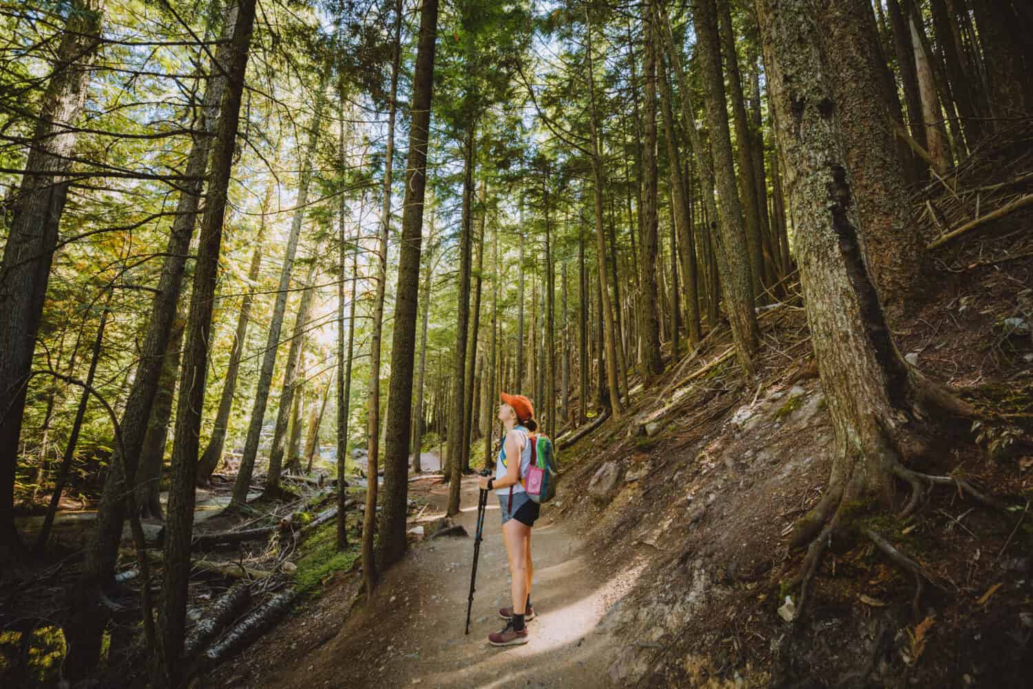 Emily Mandagie on Avalanche Hiking Trail in Glacier, using hiking poles