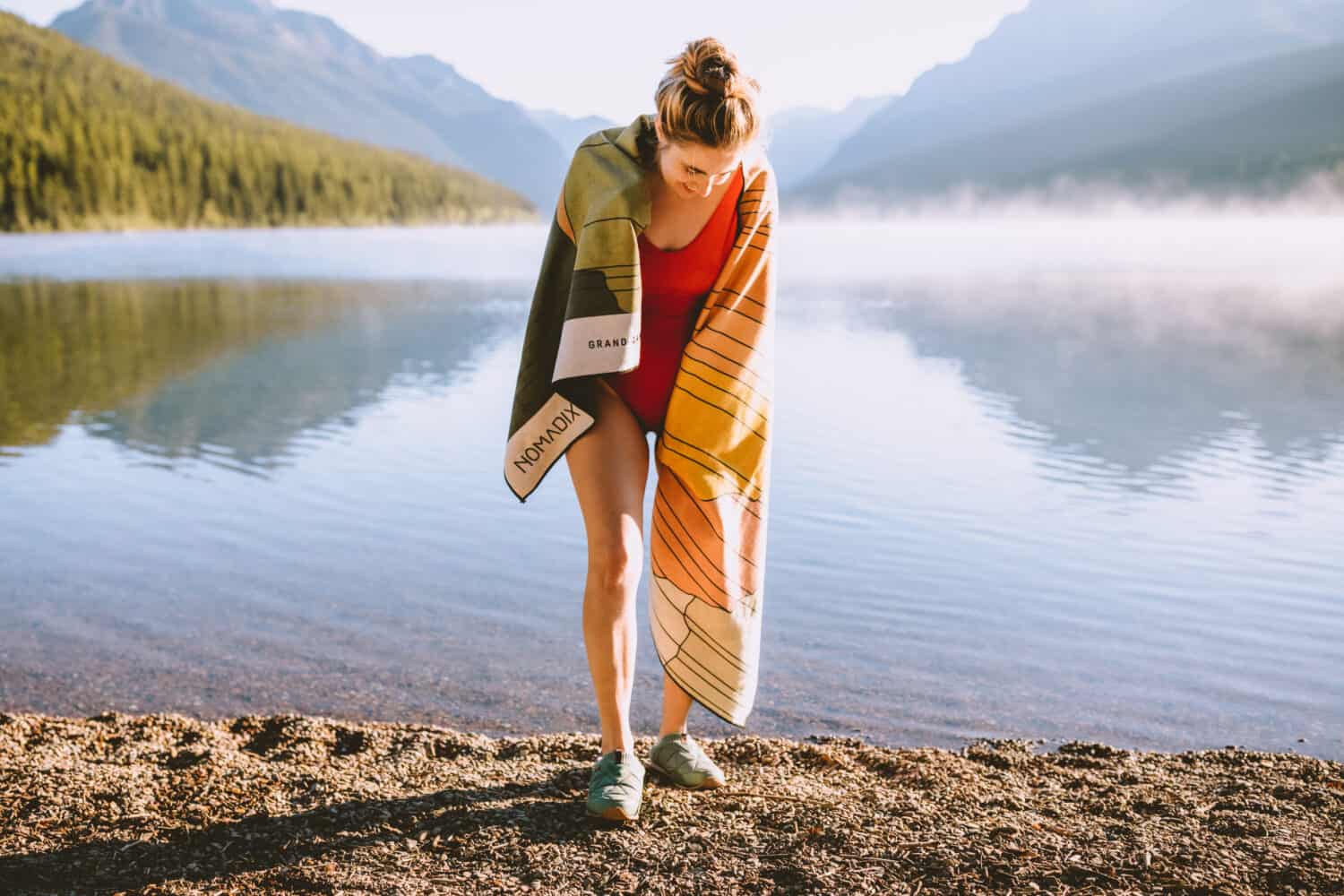 Emily in swimsuit with quick dry towel