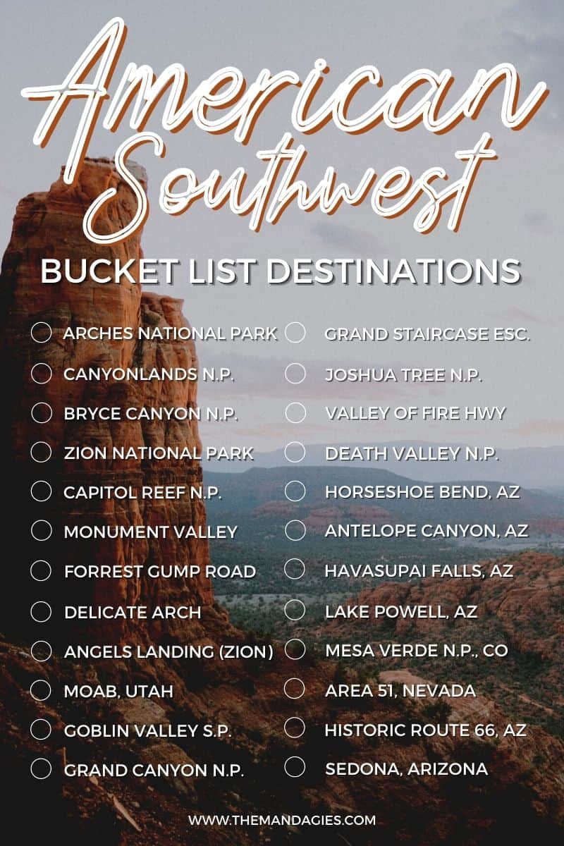 Discover all the best things to do in the American Southwest! We're sharing a Southwest USA bucket list to inspire your next trip in Utah, including famous stops like the Utah National Parks, Monument Valley, Antelope Canyon, The Grand Canyon, Sedona, and so many other great Southwest stops!! #utah #moab #desert #utahnationalparks #nationalparks #southwestUSA #AmericanSouthwest #roadtrip #photography #travel #arizona #newmexico #nevada #california