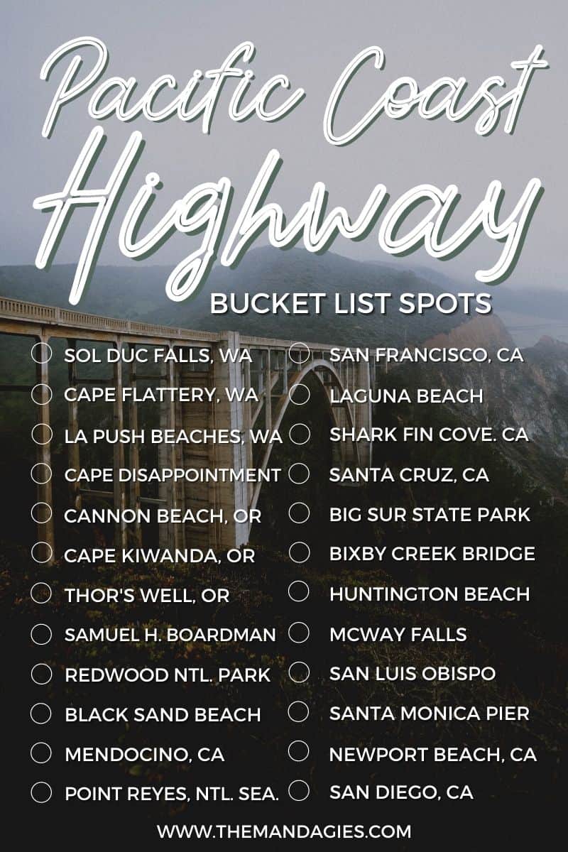 Discover all the best things to do on a Pacific Coast Highway road trip! We're sharing a PCH bucket list to inspire your next trip down the west coast including famous stops like lake Huntington Beach, Big Sur, The Oregon Coast, Olympic National Park, and so many other great Pacific Coast road trip stops!! #PCH #PacificCoastHighway #westcoast #washington #oregon #california #highway1 #californiacoast #PNW #photography #travel #pacificnorthwest