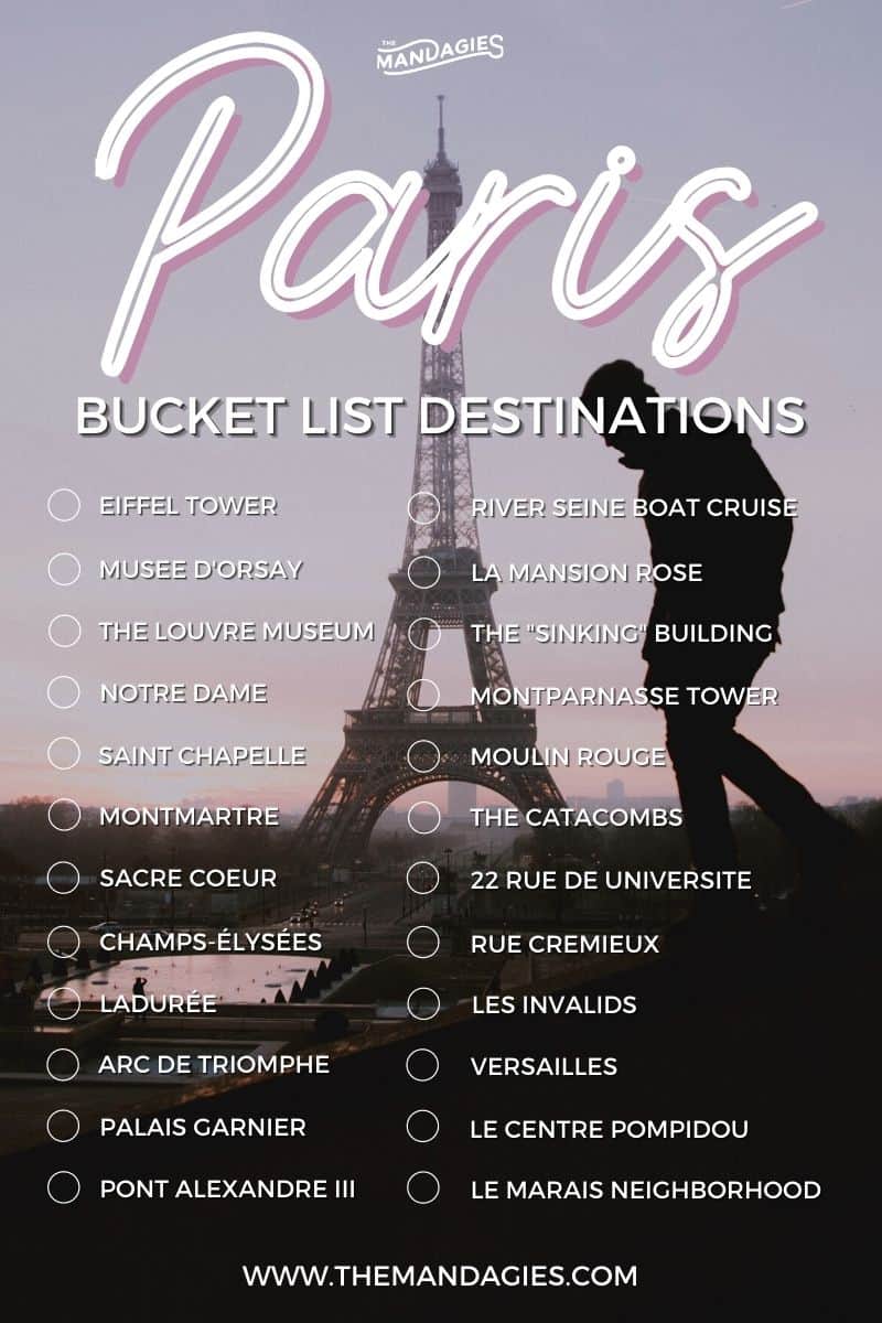Discover all the best things to do in Paris, France! We're sharing a Paris bucket list to inspire your next trip to France including famous stops like lake The Eiffel Towel, Le Marais, Notre Dame, Saint Michelle, and so many other great Paris photo spots! #paris #france #eiffeltower #parisfrance #europe #europetravel #cityoflive #city #notredame #photography #travel 