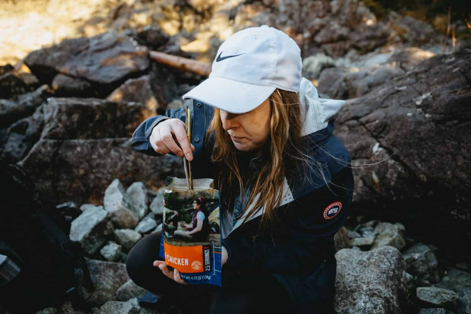 Emily Mandagie eating mountain house freeze dried meals - TheMandagies.com