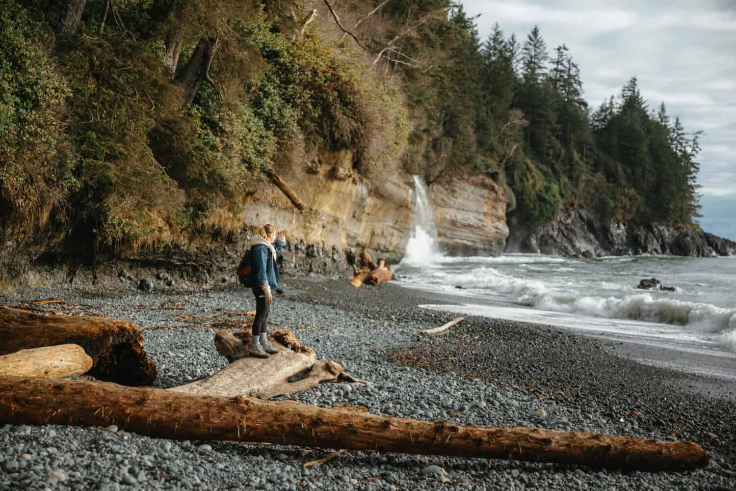 Emily Mandagie hiking at Mystic Beach, Port Renfrew, BC