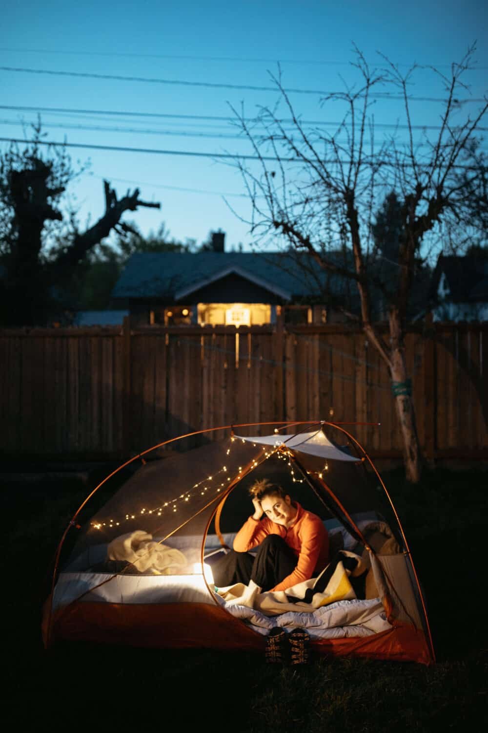 Backyard Camping Setup: Twinkle lights inside the tent