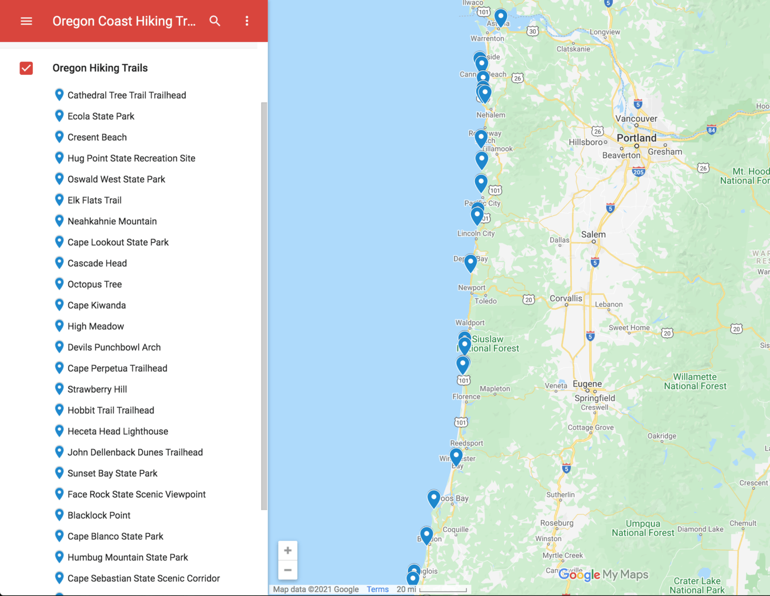 Oregon Coast Hikes Map