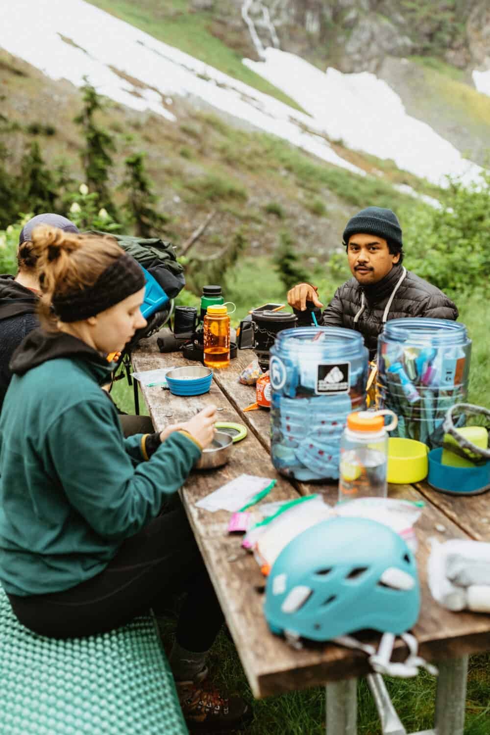 Berty eating breakfast in the backcountry