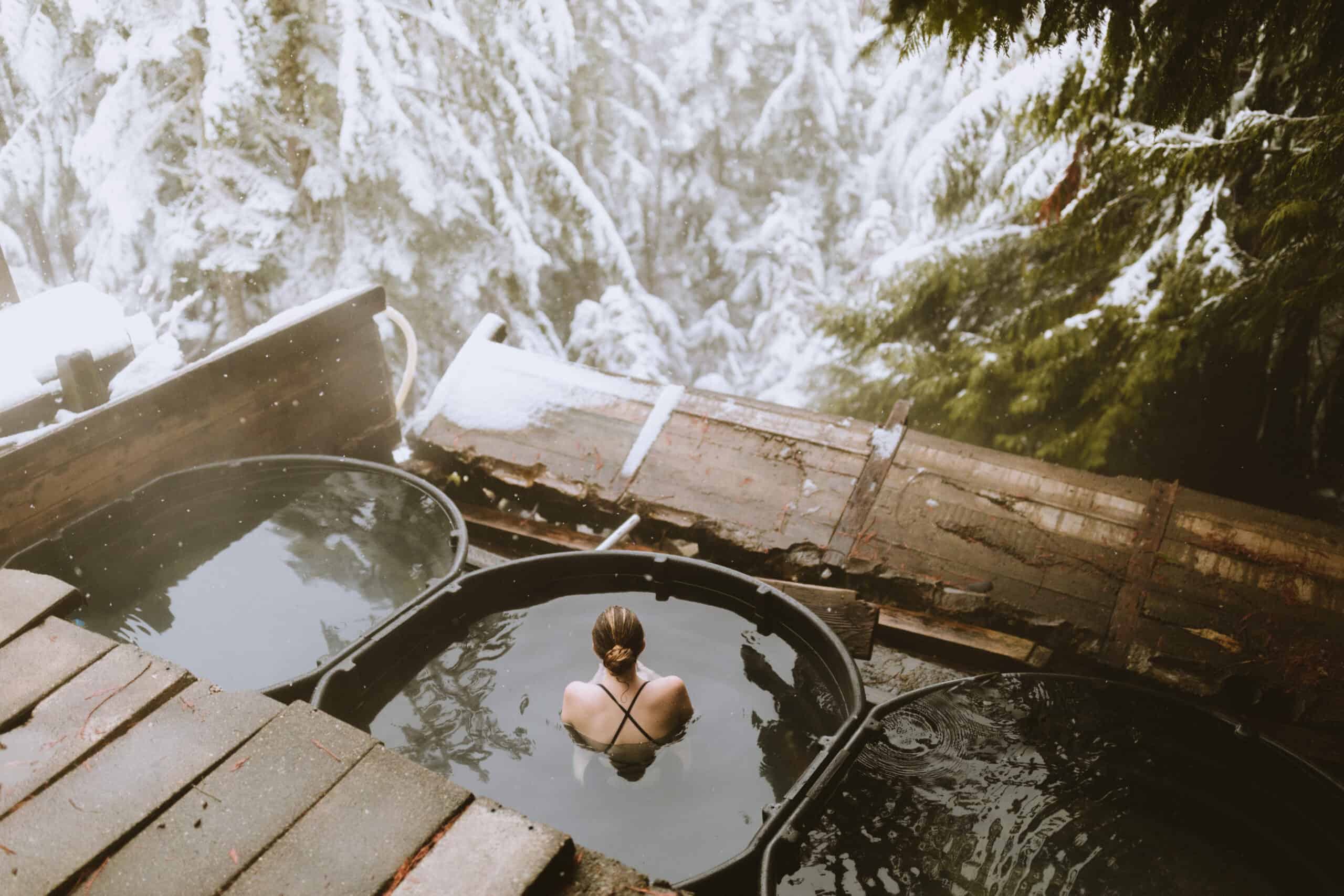 Winter in Washington hot springs - Emily Mandagie soaking at Scenic Hot Springs