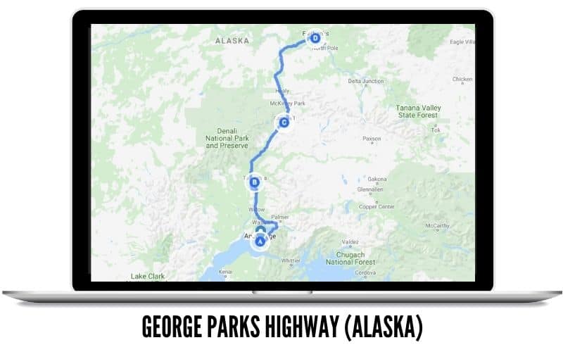 American West Coast Road Trip USA - George Parks Highway MAP in Alaska