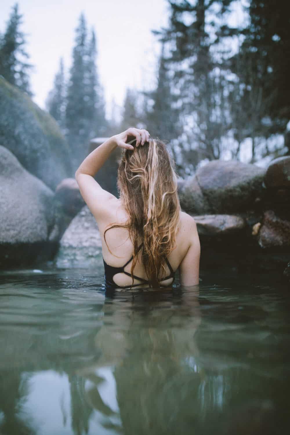Emily Mandagie close up in Idaho hot springs
