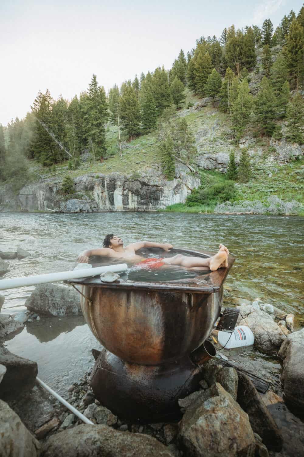 Berty Mandagie soaking at Boat Box Hot Springs Idaho